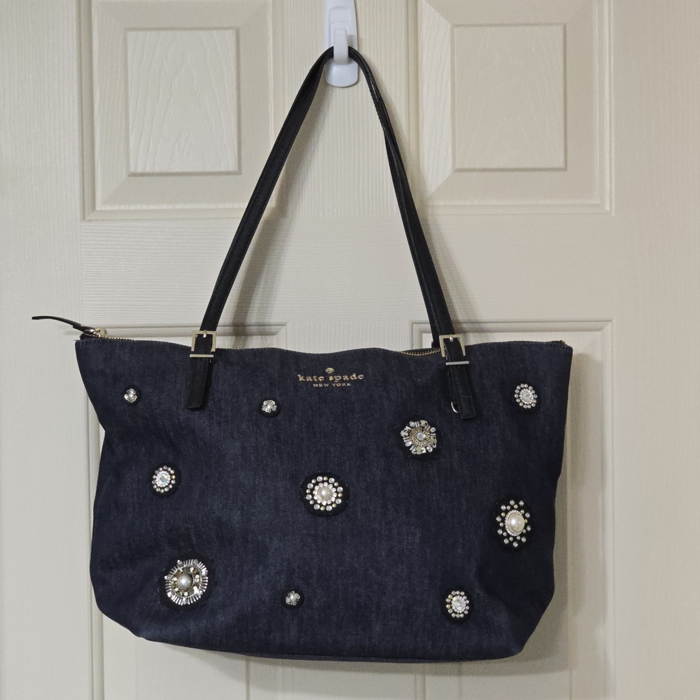 Kate Spade New York Denim Tote Rhinestone Pearl Embellished Zip Top w/COA